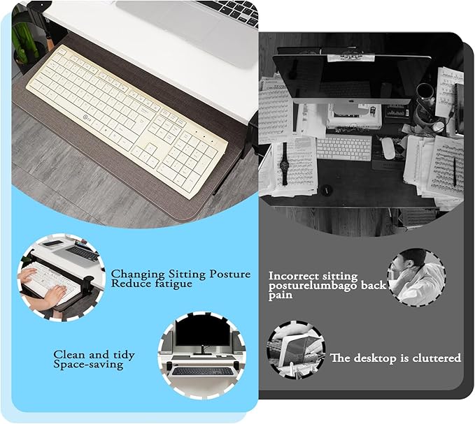 Sliding Keyboard Tray Under Desk Slide, 45°Swivel Keyboard Tray Keyboard Holder for Desk Pull Out Keyboard Drawer Under Desk Keyboard Tray Slide Out Clamp on Desk Shelf (Modern)