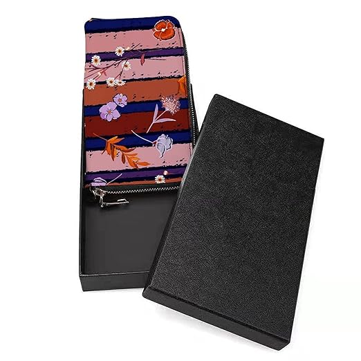 Unisex Zip Around Wallet for Adults Teens Vintage Flowers On Candy Colorful Stripe Coin Pouch Cash Pocket PU Leather Wallets Card Holder Organizer Designer Purse with Wristlet Strap