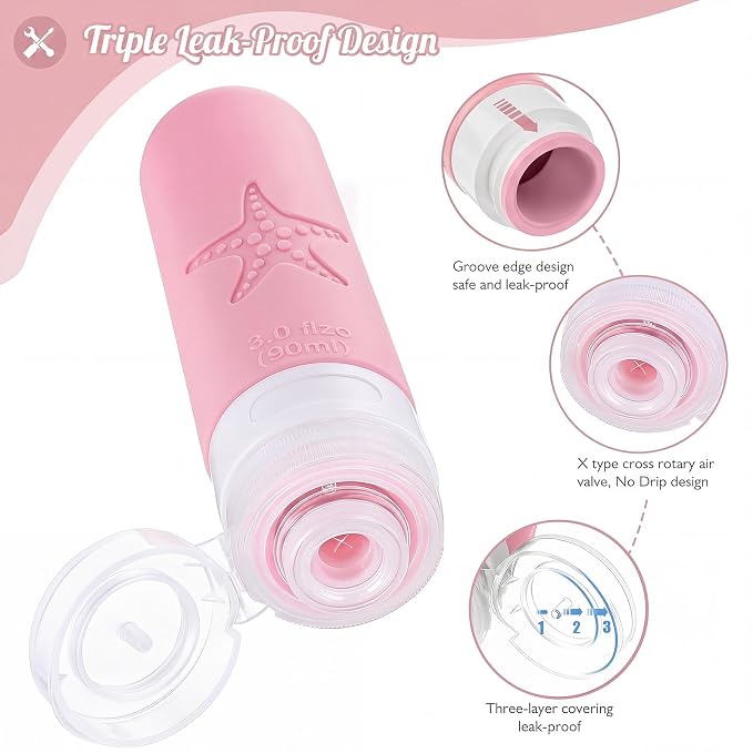 18 Pack Travel Bottles for Toiletries - TSA Approved, Triple Leak Proof Silicone Set, 3oz Refillable Travel Essentials Kit for Shampoo, Conditioner, Lotion & More, Pink, BPA Free