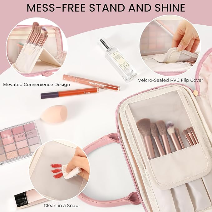 Travel Makeup Bag for Women Fashion Large Capacity Pouch Open Flat Cosmetic Portable Organizer Waterproof Large Opening Storage Toiletry Bags Vertical Free-Standing Brush Holder for Easy Access Pink