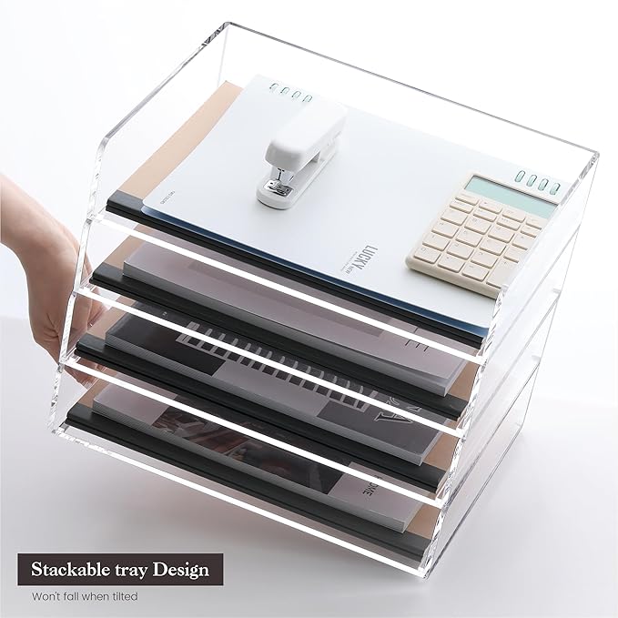 HeZone 4 Tier Paper Organizer for Desk,Acrylic Paper Tray,Clear Stackable Desk Organizer for Document, Office File,A4 Paper