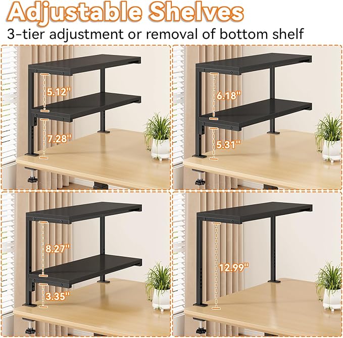 IBUYKE Clamp on Desk Shelf, 22.8” Large Desk Extender Shelves,Tool-Free Flexible Repositioning and Adjustable 2-Tier Storage Shelves for Desktop Accessories Below Desk TMZ010B