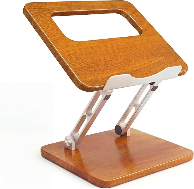 Ergonomic Adjustable Laptop Stand, Wooden & Metal Laptop Riser with Hollow Heat Dissipation, Foldable for Desk Use,Fits 10-17 Inch Laptops/Tablets