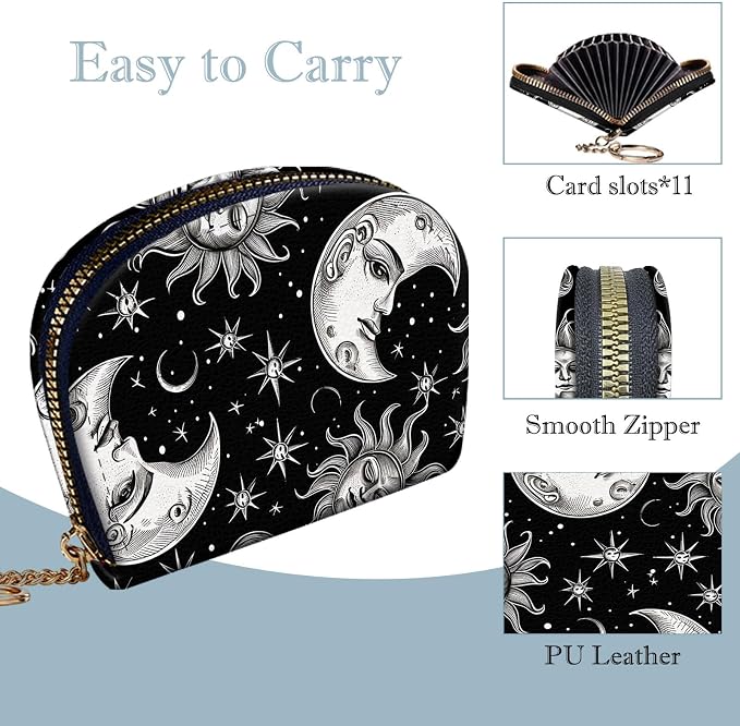 Women's Slim RFID Wallet – Compact Leather Card Holder Wallet for Women, 9 Card Slots RFID Blocking Credit Card Organizer, Small Travel Wallet - Vintage Sun Moon Stars