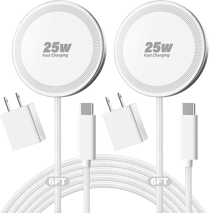 25W Magnetic Wireless Charger, 6FT Fast Charging Pad Wireless Charge for iPhone 17 16 /AirPods3/2/Pro/for Galaxy S26 Ultra/Pixel 10 Series, Portable Charger for Desk& Travel(2Pack,White)