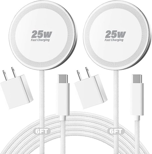 25W Magnetic Wireless Charger, 6FT Fast Charging Pad Wireless Charge for iPhone 17 16 /AirPods3/2/Pro/for Galaxy S26 Ultra/Pixel 10 Series, Portable Charger for Desk& Travel(2Pack,White)