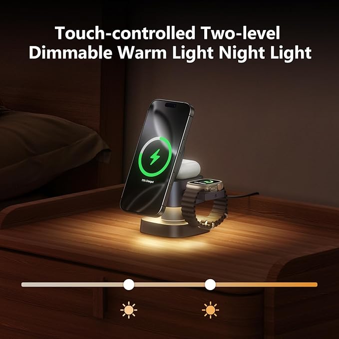 【2026 Upgraded】4 in 1 Wireless Charger, 3 in 1 Wireless Charging Station with Night Light for MagSafe Charger, 15W Magnetic Travel Stand for iPhone17/Air/Pro/Max/16/15/14, Apple Watch, Airpods (Gray)