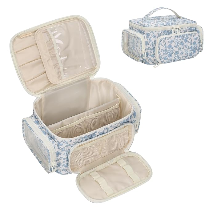 Makeup Bag with Multi-Pockets,Travel Cosmetic Bag with 2 Transparent Side Pockets for Easy Small Item Finding, Enlarged Internal Compartments, Large Capacity Waterproof Bottom Makeup Organizer -Floral