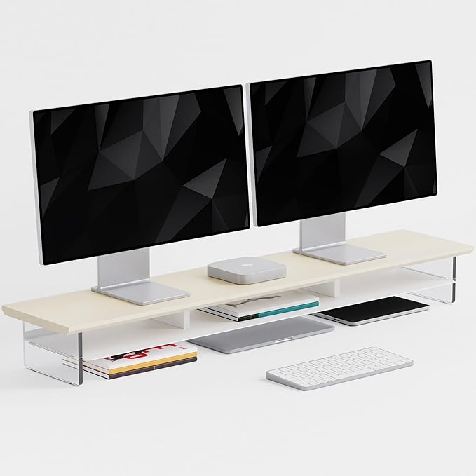 Dual‑Tier Monitor Stand for Modern Desk Setup – Minimalist Wooden and Metal Riser Shelf with Transparent Acrylic Feet for Dual Monitors, Laptops, Home Office Aesthetic，Beige and White