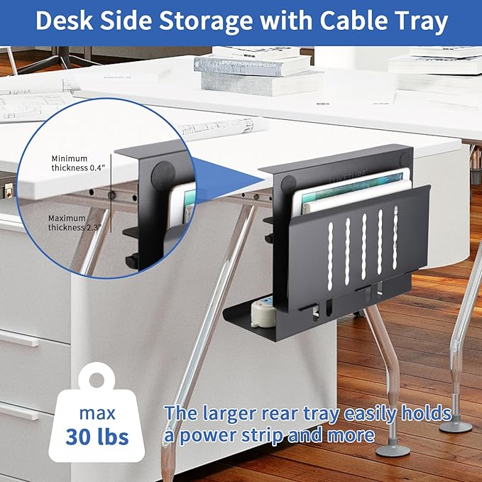 LUKETURE Desk Side Storage, Laptop Holder with Cable Management Tray, 2 in 1 Steel Under Desk Laptop Mount, Table Organization, Space Saving Table Accessories for Office and Home (Black)