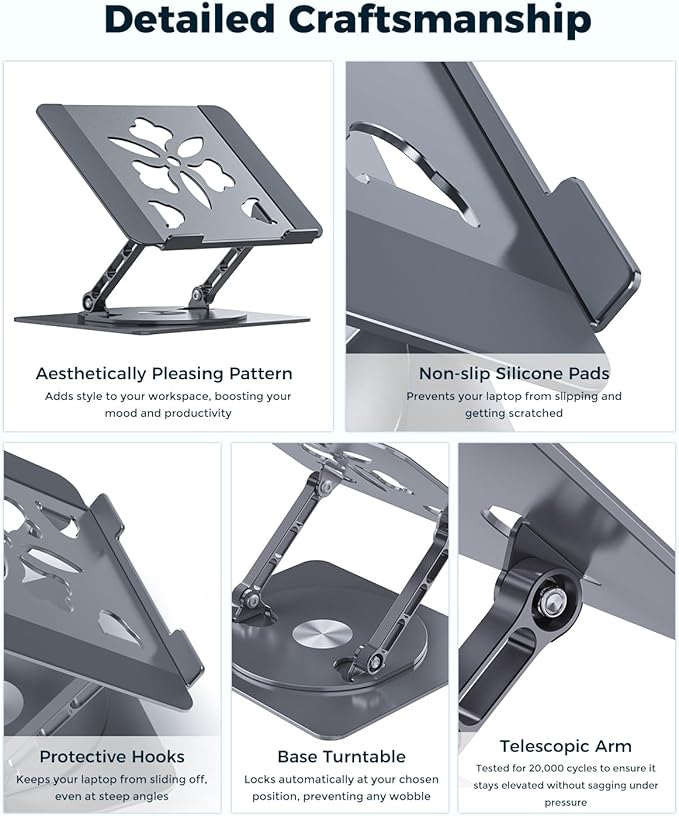 360° Rotating Laptop Stand for Desk | Adjustable, Foldable, Portable Aluminum Ergonomic Riser | Compatible with MacBook, Dell, HP & All Laptops 10-16 inch | Gray
