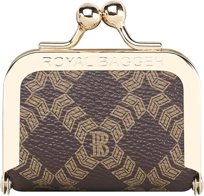 Royal Bagger Genuine Cow Leather Mini Jewelry Box Women's Coin Purse Solid Color Kiss Lock Change Pouch Casual Style Small Storage Bag for Women 1894 (Coffee-6894)