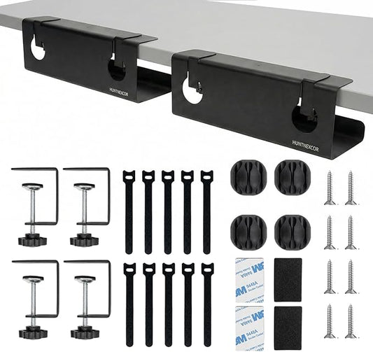 No Drill Under Desk Cable Management Tray with Clamp, Home/Office Desk Cord Organizer and Accessories Storage Shelf, 17'' Metal Cable Organizer for Standing/Gaming Desk, Office Supplies, Black 2 Set
