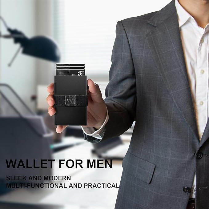TOYFID Slim Wallet for Men,Black RFID Blocking Card Holder with Expandable Backplate Money Clip & ID Window Quick Access Minimalist Metal Pop Up Wallet,Holds 12+ Credit Cards/Passport/ID Cards