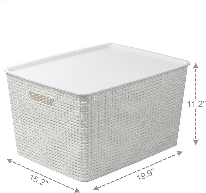 BINO | Plastic Storage Baskets with Lids, 45 Liter - 3 Pack, White | THE WOVEN COLLECTION | Storage Basket for Shelves | Woven Storage Baskets for Organizing Bins Pantry Shelf Organizer Container Bin