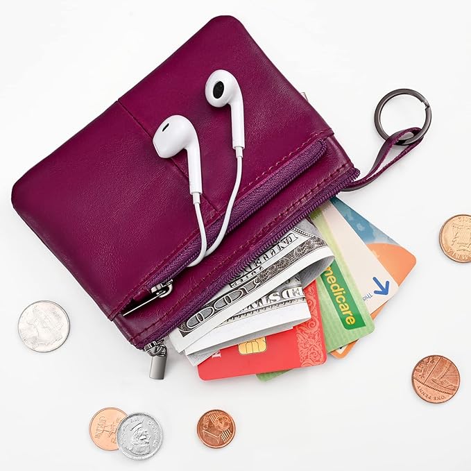 Purple Genuine Leather Multi-Functional Wallet - Compact Card Holder, Coin Purse & Key Organizer with 3 Zippers, Built-in Key Ring, Perfect for Travel, Work & Daily Use