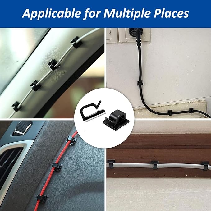 150 PCS Adhesive Cable Wire Clips Black, Outdoor Cable Management Wire Organizer Cord Holder for Under Desk, Car, Wall, TV PC Ethernet Cable (Black)