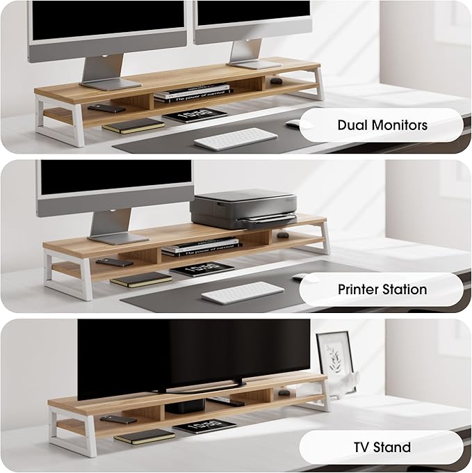 Fenge Dual Monitor Stand for Desk, 42.5in Large Monitor Riser for 2 Monitors, 2 Tier Computer Office Desk Top Shelf, Desktop Storage Stand for Laptop, PC, Computer, Printer