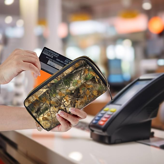 Wallet,Leather Long Wallet Suitable For Ladies And Teenagers - Detachable Wristband + RFID Travel Wallet With Card Slot - Forest Camouflage