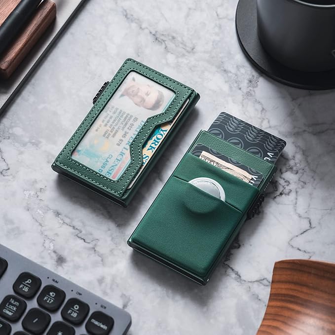 VULKIT Minimalist Wallet with ID Window & EDC Pocket Pop Up Card Holder RFID Blocking Slim Wallet Design for Airtag Cash Coins & Credit Cards