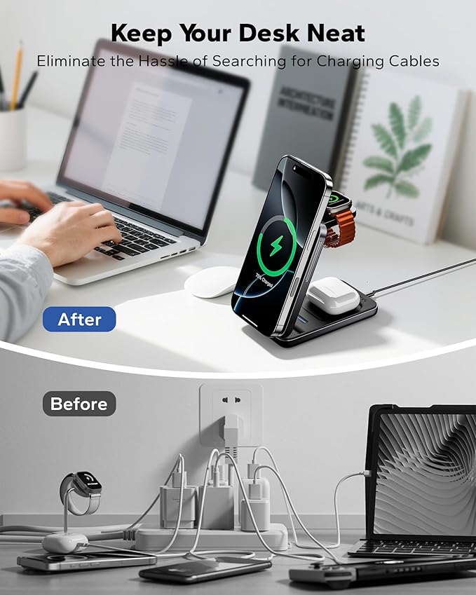 KPON Foldable 3in1 Charging Station for Magsafe, Travel Phone and Watch Charger for Apple, Wireless Charging Dock for Multiple Devices iPhone 17 16 15 14 13 12 Series/Apple Watch/Airpods