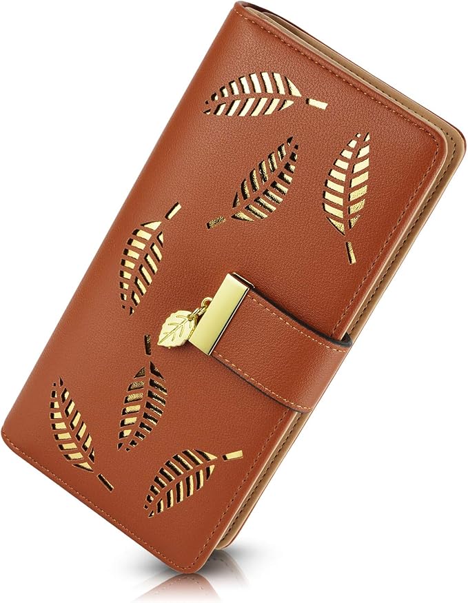 PGXT Women's Wallet Women Credit Card Holder Hollow Leaf Pattern Bifold Leather Lady Long Wallet Purse Zip Birthday Xmas Gifts for Women Girls(Brown)