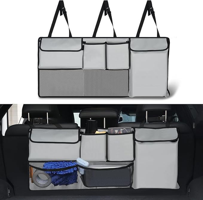 UYYE Trunk Hanging Organizer, Backseat Storage Bag, Collapsible Car Interior Accessories with 4 Pockets & 2 Mesh Pouches for Tools, Provide More Storage Trunk Space for SUV, Jeep, MPVs (Light Grey)