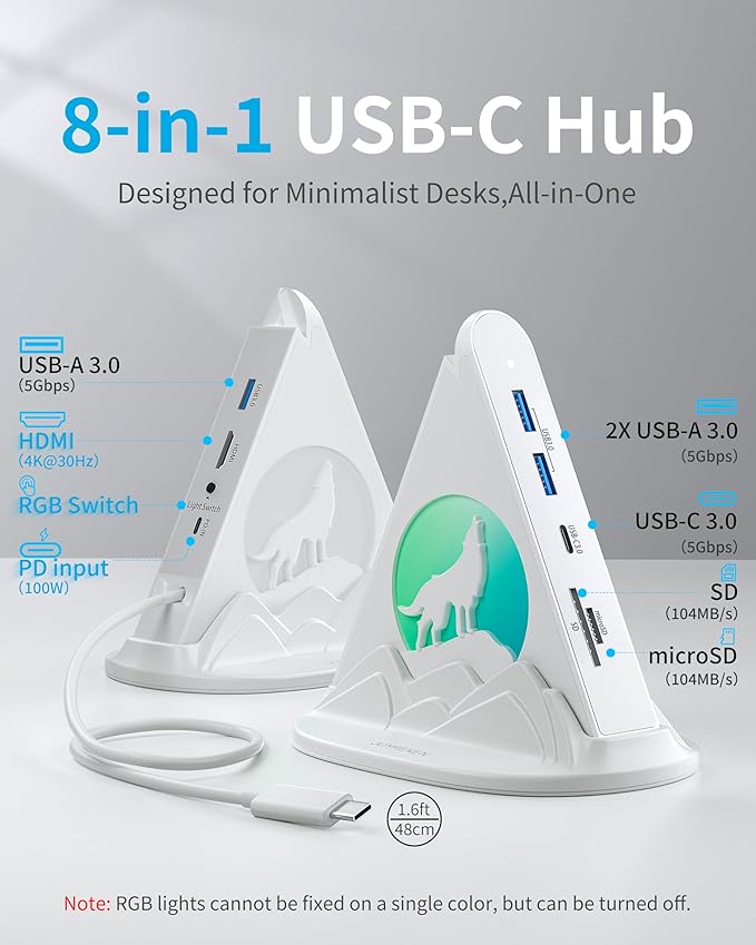 USB C Hub, 8 in 1 USB C Hub Multiport Adapter with 4K HDMI, PD 100W, 5Gbps Type C 3.0, 3xUSB A 3.0, SD/TF Card Reader& RGB Lighting, White Docking Station for MacBook Air/Pro, HP, Laptop, PC(Wolf)