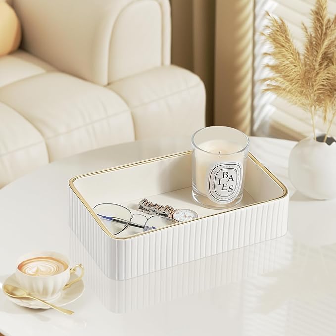 Desk Organizer Tray, PU Leather Nightstand Organizer Perfume Valet Tray for Men Women, Decorative Vanity Trays Trinket Dish Key Bowl for Entryway Table (Ivory, Small)