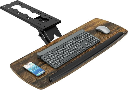 Keyboard Tray Under Desk with Storage Drawer, Height Adjustable Keyboard Tray Slide Out 360° Swivel Tilt, Ergonomic Under Desk Mount Keyboard & Mouse Holder for Gaming Home Office, 28''x11'' Vintage