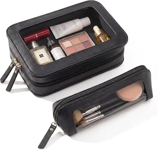 LETGO 2Pack Clear Makeup Bags Set, Portable Makeup Brush Bag, Zipper Storage Bag Organizer Pouch, Versatile Storage Stationery, Travel Storage Bag, Portable Cosmetic Storage Bag (Black)