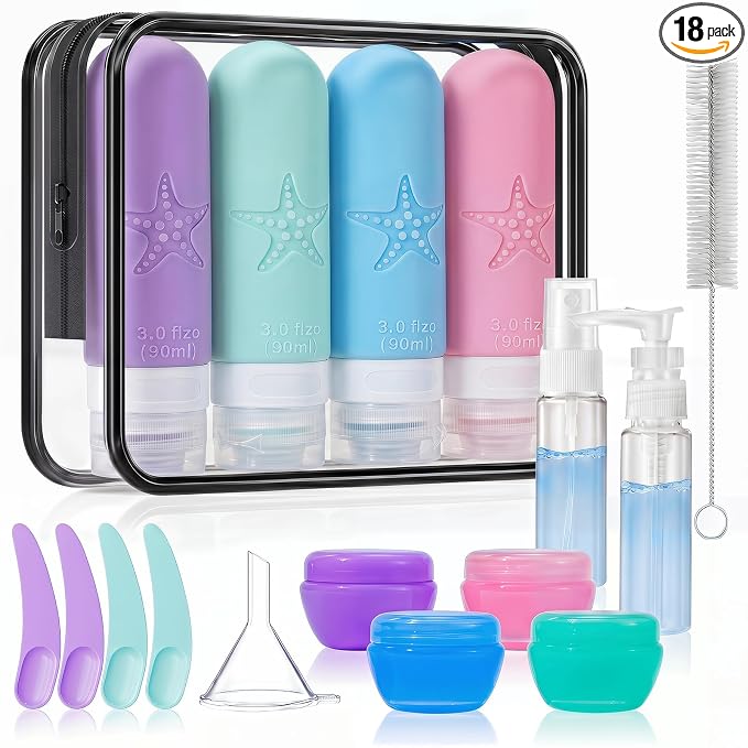 18 Pack Travel Bottles for Toiletries - TSA Approved, Triple Leak Proof Silicone Set, 3oz Refillable Travel Essentials Kit for Shampoo, Conditioner, Lotion & More, Pink, BPA Free