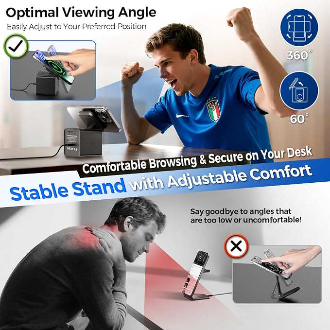 3-in-1 Wireless Charging Station for MagSafe, Fast 15W Magnetic Charger Stand for iPhone 17 16 15 14 13 12, Apple Watch & AirPods, Foldable Travel Charger with Night Light (18W Adapter Included)