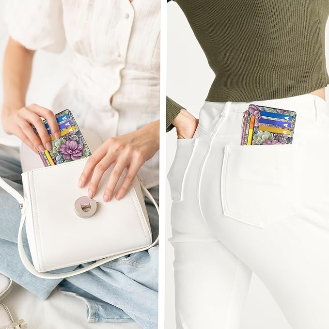 Tipmile Credit Card Holder for Women Slim Minimalist Front Pocket RFID Blocking Wallet Small Compact Card Case with ID Window, Flowers