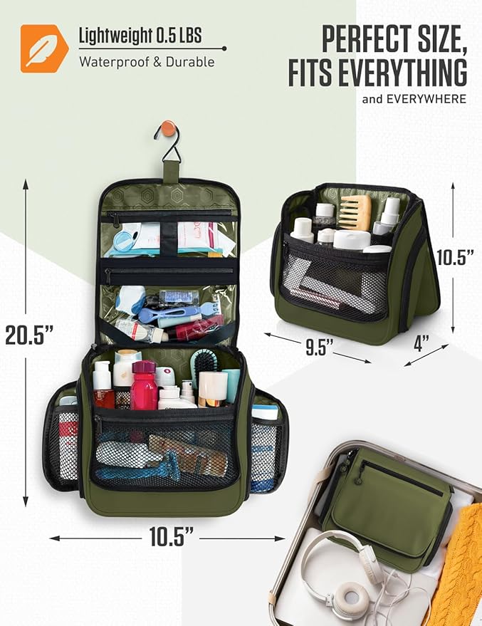 VENTURE 4TH Hanging Travel Toiletry Bag for Women & Men – Large Toiletry Organizer with 18 Compartments, Removable TSA Pouch, Travel Wash Bag for Toiletries, Makeup & Shaving Kit (Forest Green)