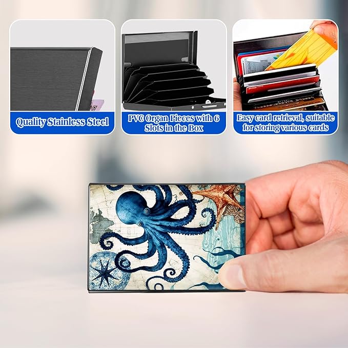 RFID Blocking Credit Card Holder - Slim Metal Wallet for Women & Men,Octopus Design Stainless Steel Business Card Case,Compact Pocket Organizer for Travel & Daily Use
