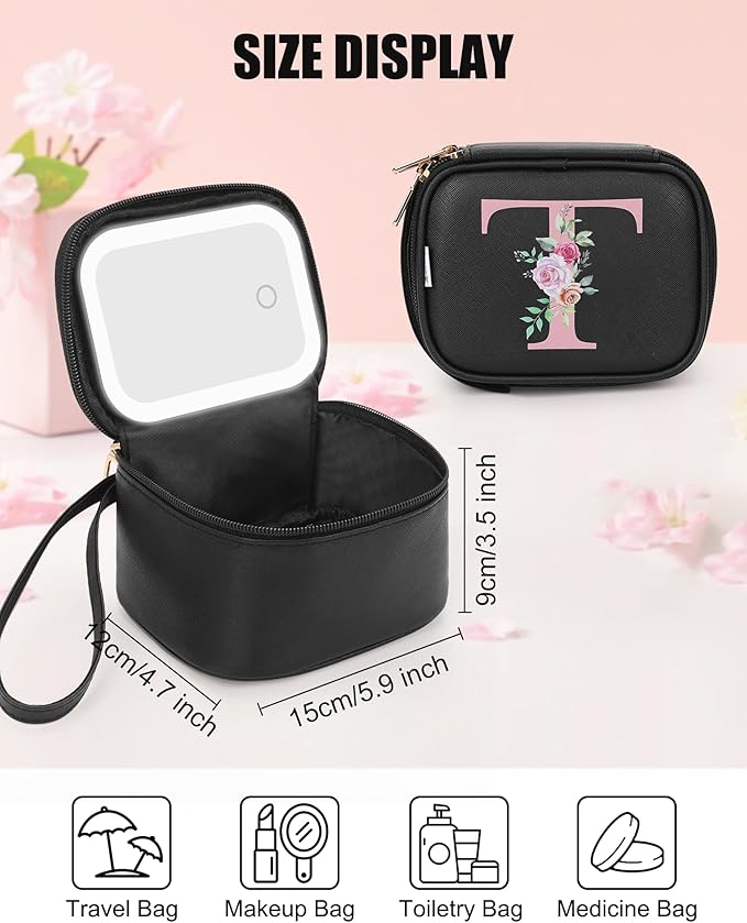 Relavel Mini Makeup Bag with Led Mirror, Initial Make Up Bag for Women, Travel Cosmetic Pouch with Adjustable Brightness, Birthday Gifts for 11 12 13 14 15 16 17 18 Years Old Girl - Black T
