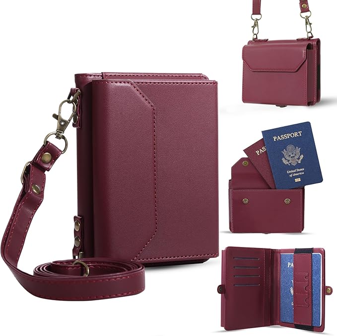 ASAPDOS RFID Blocking Family Passport Holder Wallet,Hold 2-3 Passports for Travel with Credit Card Slots & Wrist Crossbody Strap Red