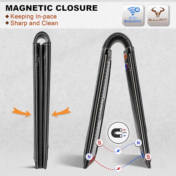 BULLIANT Men Wallet,Magnetic Slim Wallet 10 cards Build-in Bill Folder ID Windows RFID Blocking