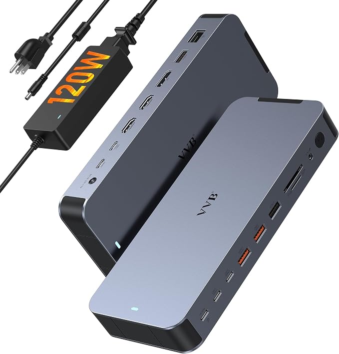 USB C Docking Station Dual Monitors Type C Hub Multiple Adapter Dongle for Dell HP Lenovo Laptop USB C Dock Triple Display with 2 HDMI,DisplayPort 8K,120W Power Supply&30W Charging,10Gbps USB A/C Port
