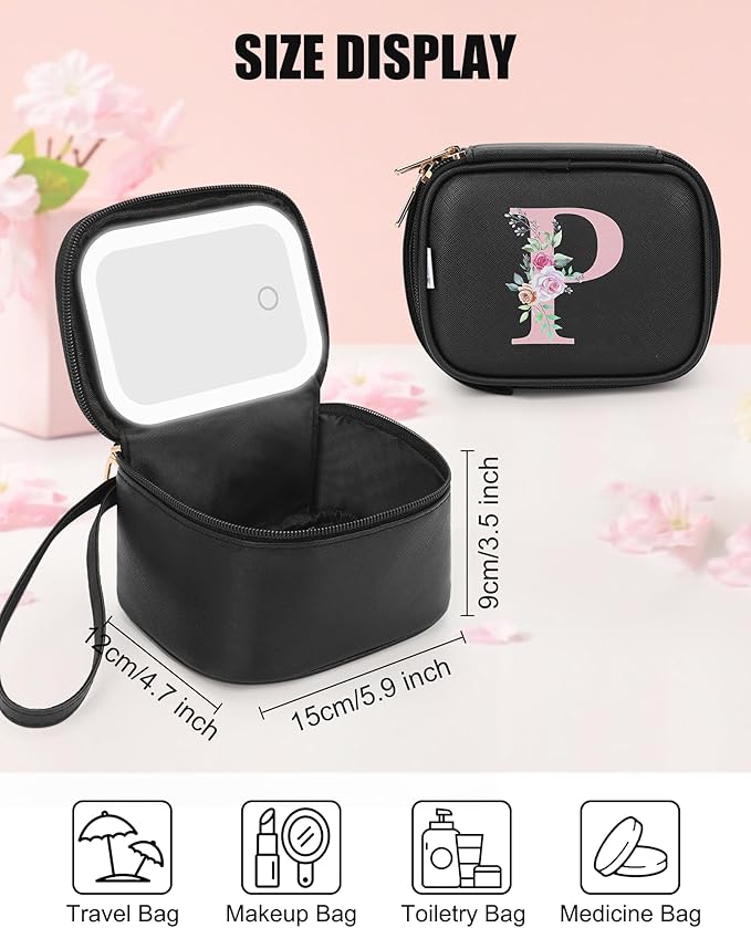 Relavel Mini Makeup Bag with Led Mirror for Mothers Day Gifts, Initial Cosmetic Bag with 3 Lighting Modes, Personalized Travel Bag, Preppy Make Up Pouch for Trip - Black P