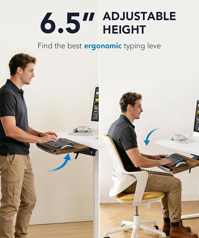 Keyboard Tray Under Desk with Storage Drawer, Height Adjustable Keyboard Tray Slide Out 360° Swivel Tilt, Ergonomic Under Desk Mount Keyboard & Mouse Holder for Gaming Home Office, 28''x11'' Vintage