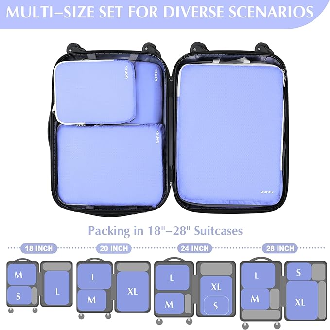 Gonex Compression Packing Cubes, 4pcs Expandable Storage Travel Luggage Bags Organizers (Periwinkle)