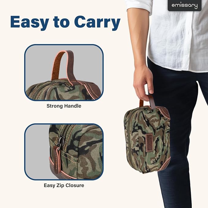 emissary Men's Canvas Travel Toiletry Bag, Leather Dopp Kit - Camo Green | Durable canvas & PU leather, water-resistant lining, side handle; roomy men's Dopp kit for travel & gym