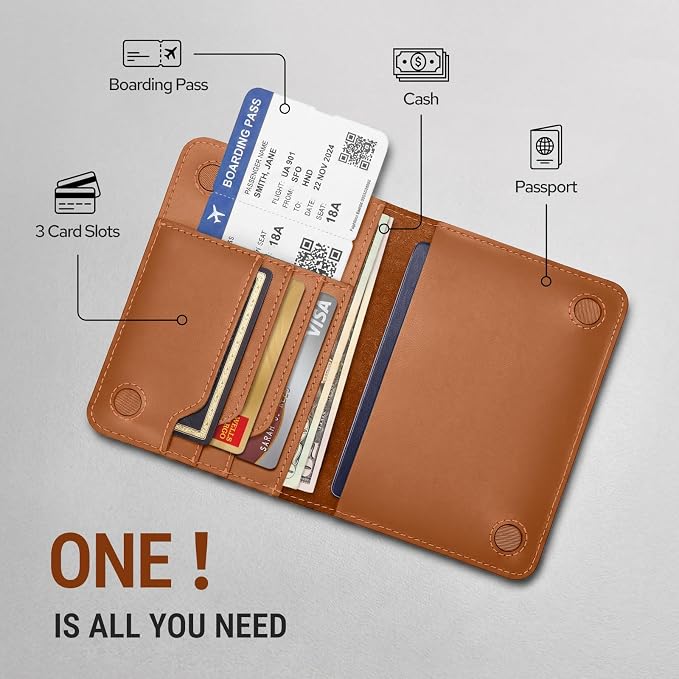 ALLIVE RFID Blocking Passport Holder for Travel, Genuine Leather Passport Holder with AirTag Slot, Magnetic Closure Passport Cover Travel Wallet for Women Men, Travel Essentials Gifts (Caramel)