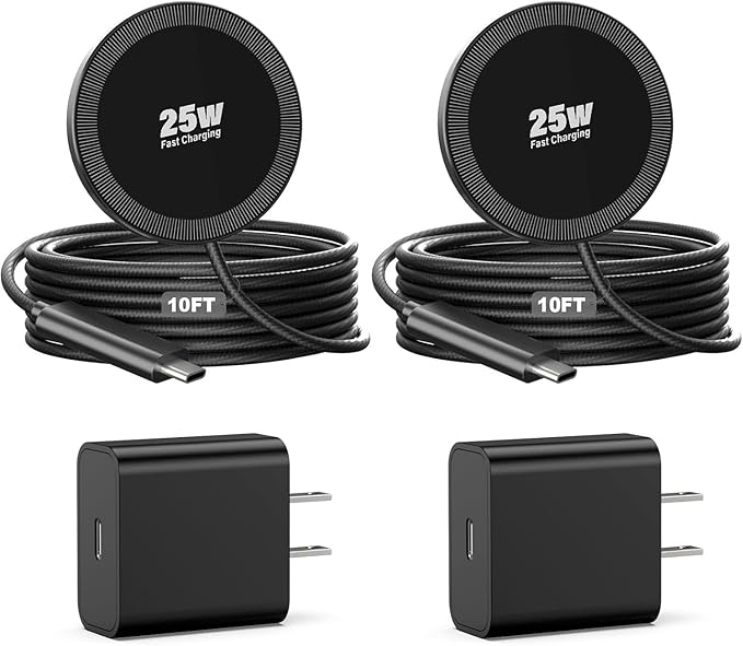 25W Magnetic Wireless Charger, 10FT Fast Charging Pad Wireless Charge for iPhone 17 16 /AirPods3/2/Pro/for Galaxy S26 Ultra/Pixel 10 Series, Portable Charger for Desk& Travel(2Pack,Black)
