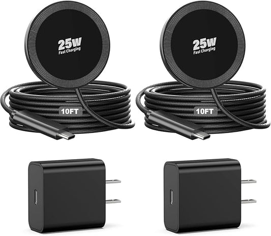 25W Magnetic Wireless Charger, 10FT Fast Charging Pad Wireless Charge for iPhone 17 16 /AirPods3/2/Pro/for Galaxy S26 Ultra/Pixel 10 Series, Portable Charger for Desk& Travel(2Pack,Black)