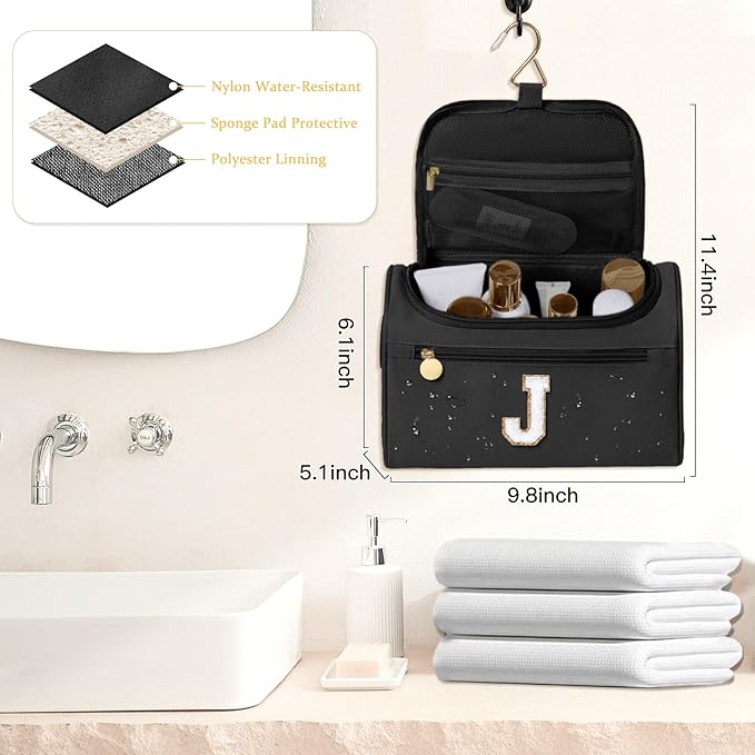 COSHAYSOO Cool Valentines First Communion Confirmation Gifts Dance Recital Trip Favor Gifts for Women Teen Girls Travel, Monogrammed Initial Hanging Toiletry Bag Toiletries Black Letter J