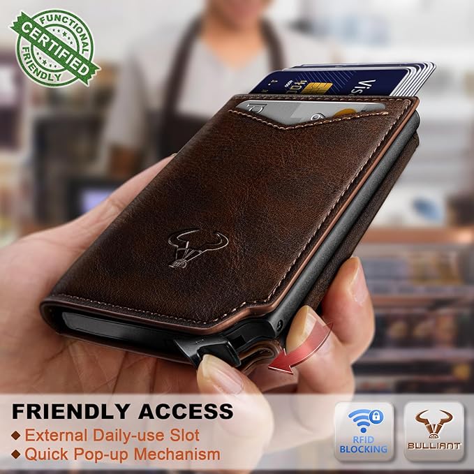 BULLIANT Men Wallet Leather Wallet Card Holders Money Clip for Men 10Cards-Magnetic Flip on Metal Case