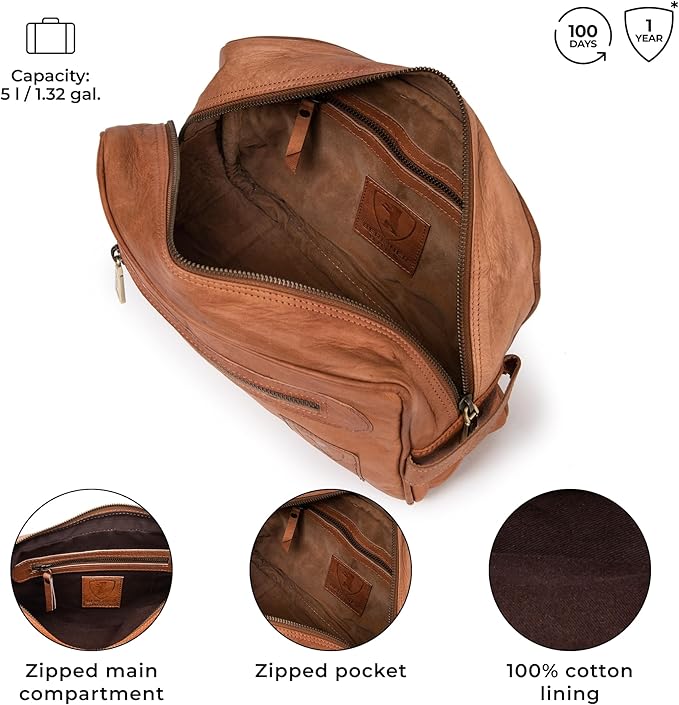 BERLINER BAGS Vintage Genuine Leather Toiletry Bag Paul, Large Capacity Cosmetics Bag for Men and Women for Travel - Brown (1 Compartment)